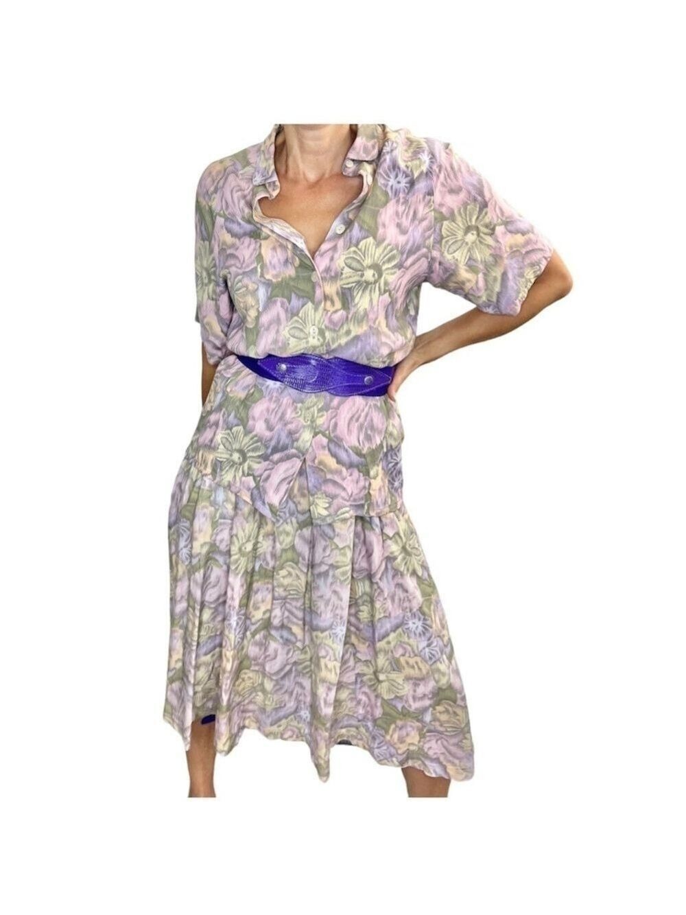 Vintage Relance purple floral midi skirt blouse set S